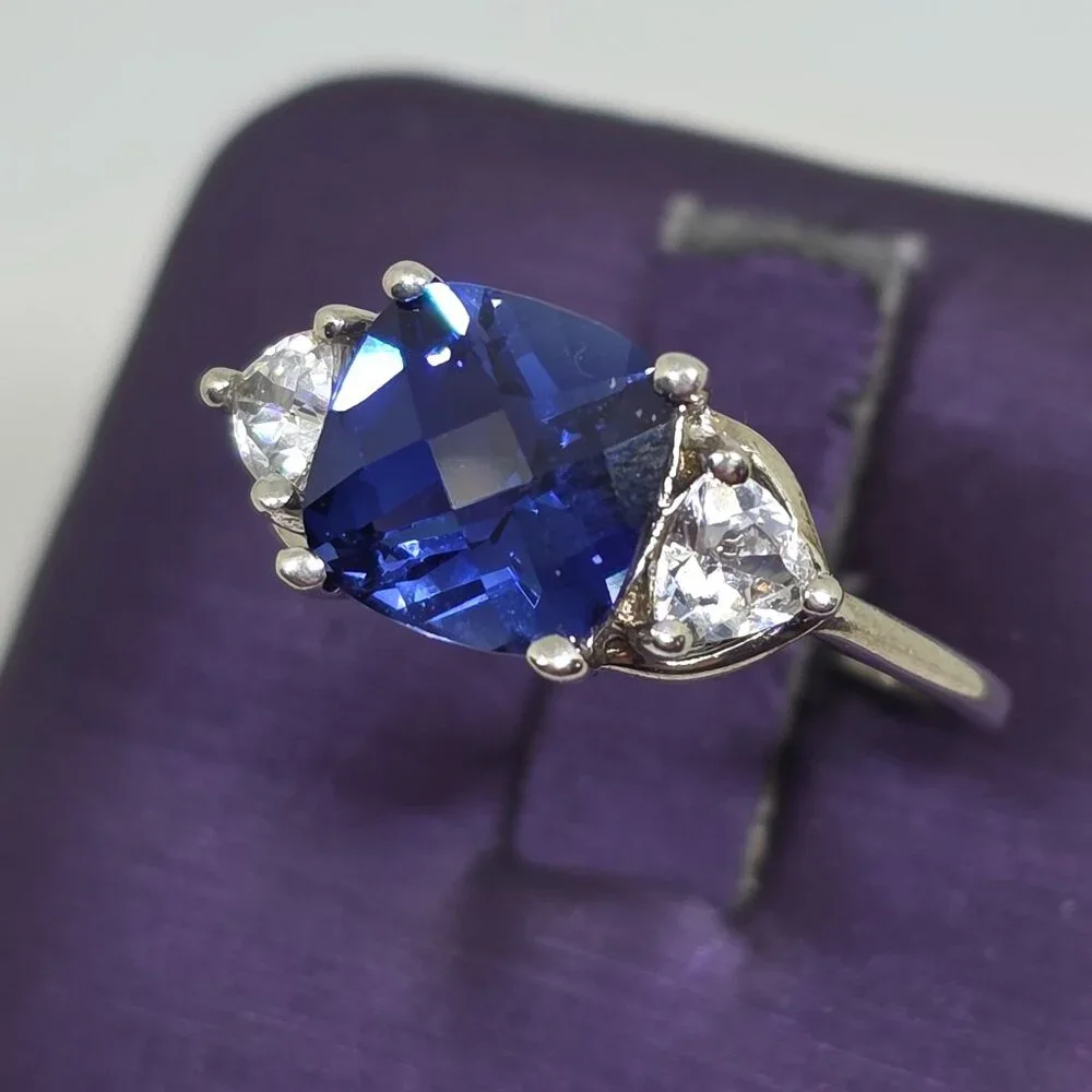 Blue Solitaire Cushion Cut Stone Trillion EMA 925 Sterling Silver Ring Size 8.75